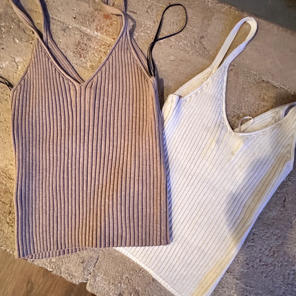 Pair of H&M Ribbed Knit Tank Tops - Beige and White